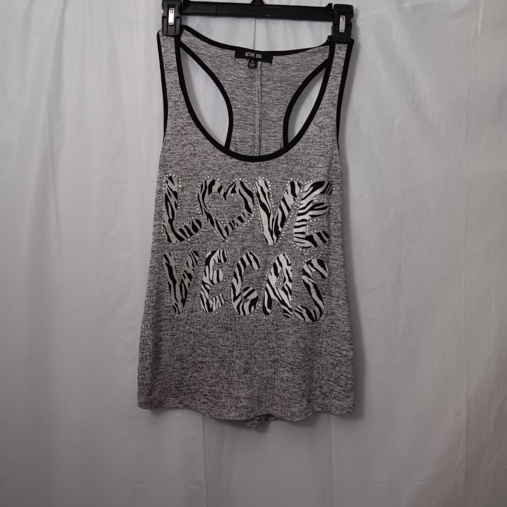 ACTIVE USA LOVE VEGAS ZEBRA PRINT RACERBACK TANK TOP